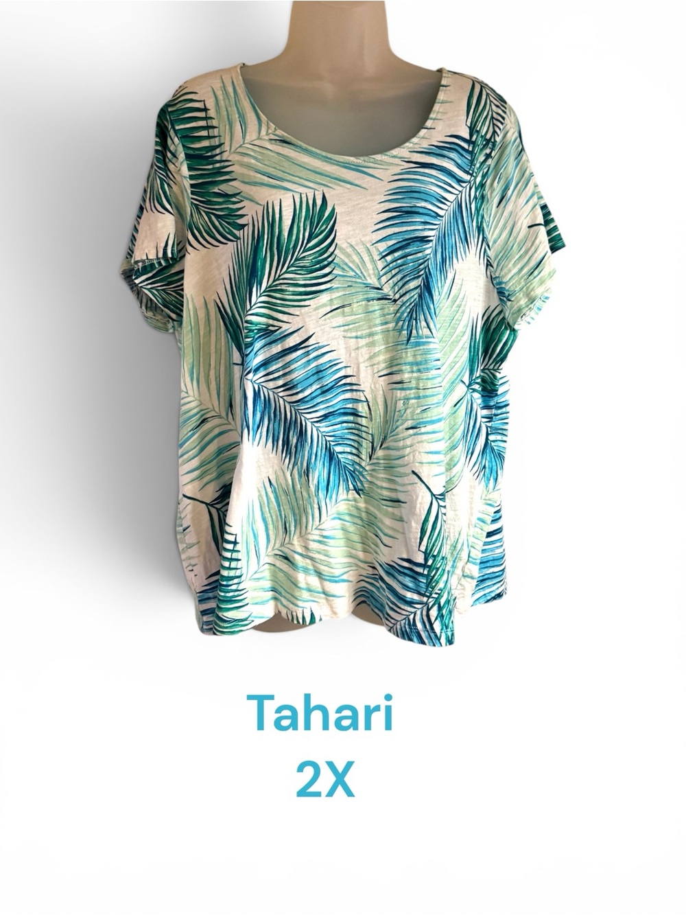 Tahari White Top with Teal & Green Palm Print PLUS: 2X #Y